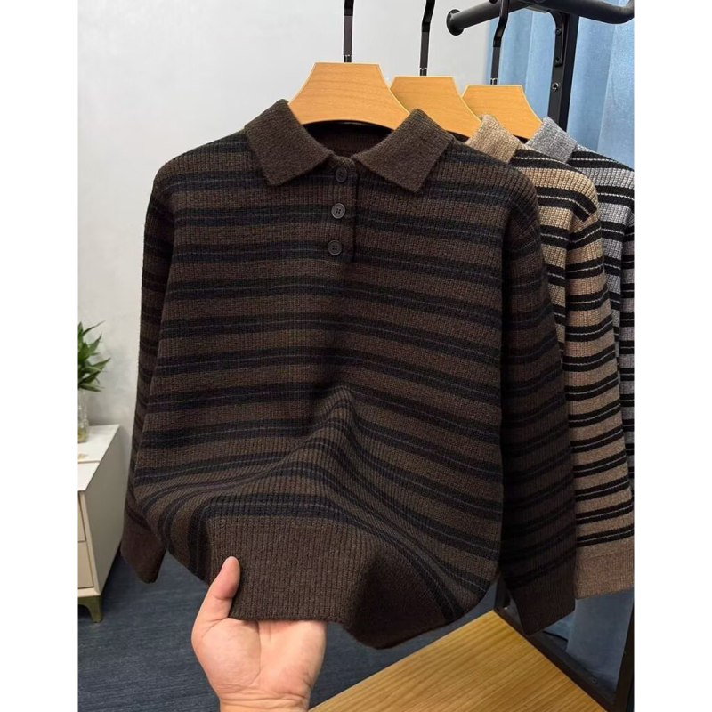 Férfi polo pulóver gallérral, kötött, retro csíkok Old Money stílusban, brit üzleti megjelenés téli szezonra.