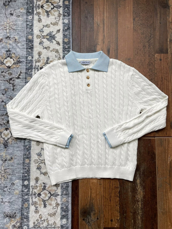 Férfi retro kábel kötött pulóver két rész hatást keltő, Old Money stílus, őszi irodai viselet, laza szabás, polo gallér