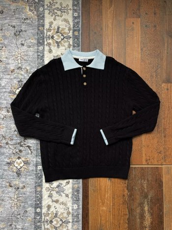 Férfi retro kábel kötött pulóver két rész hatást keltő, Old Money stílus, őszi irodai viselet, laza szabás, polo gallér