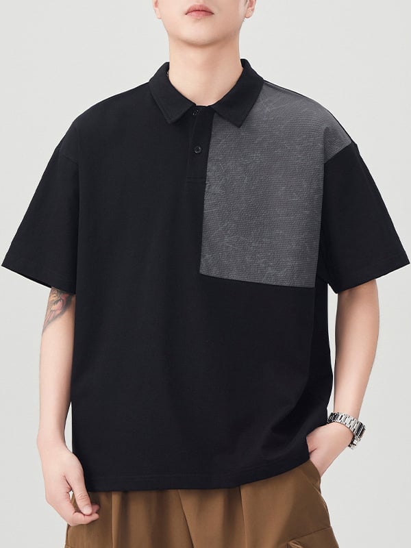 Férfiaknak szóló color-block galléros polo, japán retro stílus, laza szabás, rövid ujjú, pamutkeverék