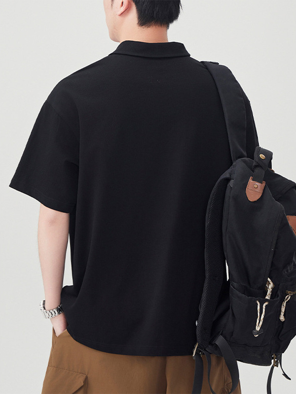 Férfiaknak szóló color-block galléros polo, japán retro stílus, laza szabás, rövid ujjú, pamutkeverék