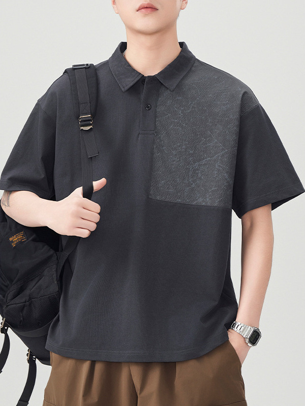 Férfiaknak szóló color-block galléros polo, japán retro stílus, laza szabás, rövid ujjú, pamutkeverék