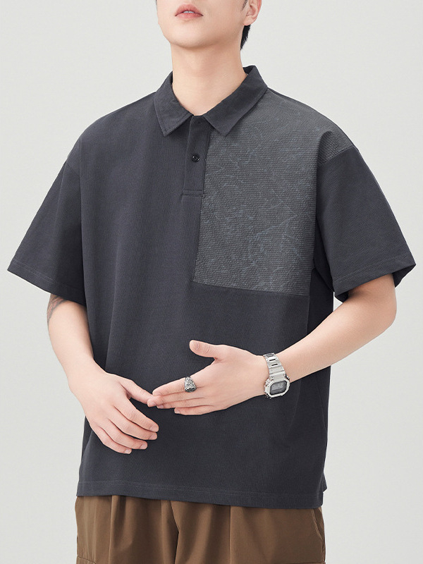 Férfiaknak szóló color-block galléros polo, japán retro stílus, laza szabás, rövid ujjú, pamutkeverék