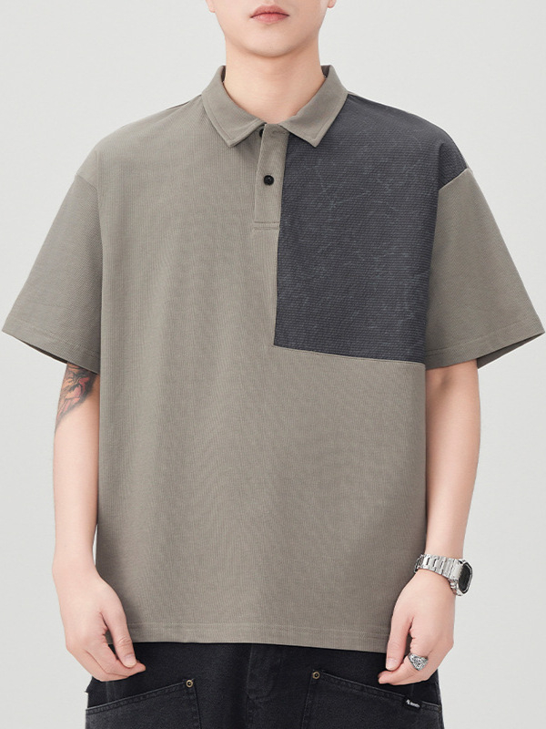 Férfiaknak szóló color-block galléros polo, japán retro stílus, laza szabás, rövid ujjú, pamutkeverék
