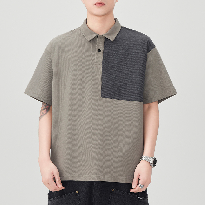 Férfiaknak szóló color-block galléros polo, japán retro stílus, laza szabás, rövid ujjú, pamutkeverék