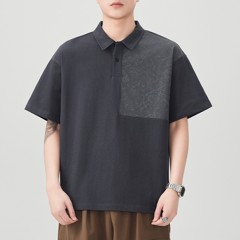 Férfiaknak szóló color-block galléros polo, japán retro stílus, laza szabás, rövid ujjú, pamutkeverék