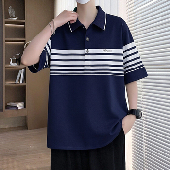 Ljetno muško polo s kratkim rukavima, opušten kroj, prugasto, casual stil, inspirirano japanskim i korejskim stilom s hongkonškim štihom