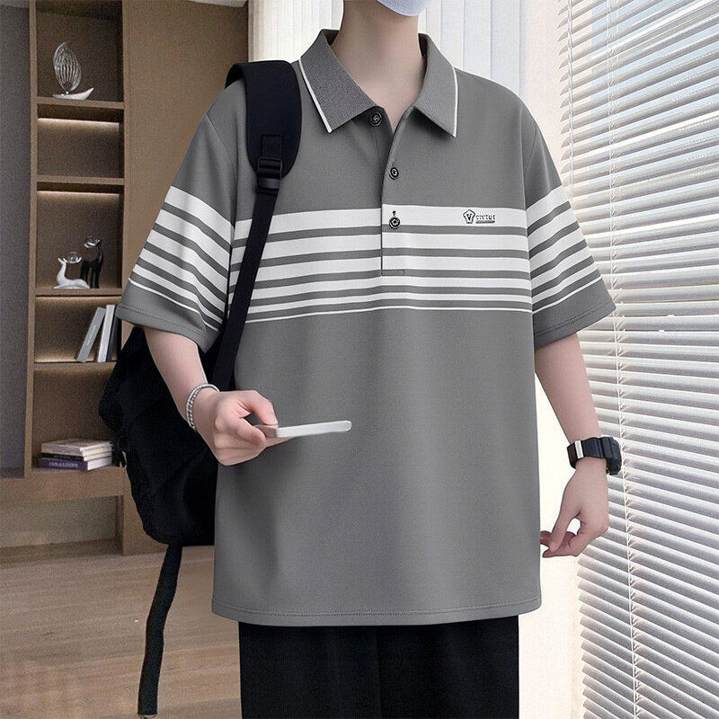 Ljetno muško polo s kratkim rukavima, opušten kroj, prugasto, casual stil, inspirirano japanskim i korejskim stilom s hongkonškim štihom