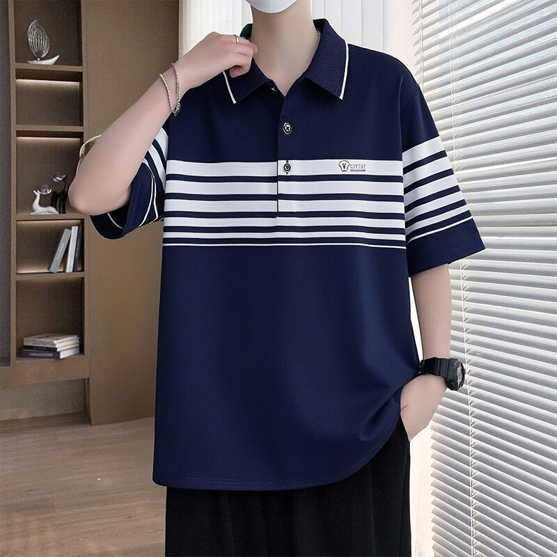 Ljetno muško polo s kratkim rukavima, opušten kroj, prugasto, casual stil, inspirirano japanskim i korejskim stilom s hongkonškim štihom