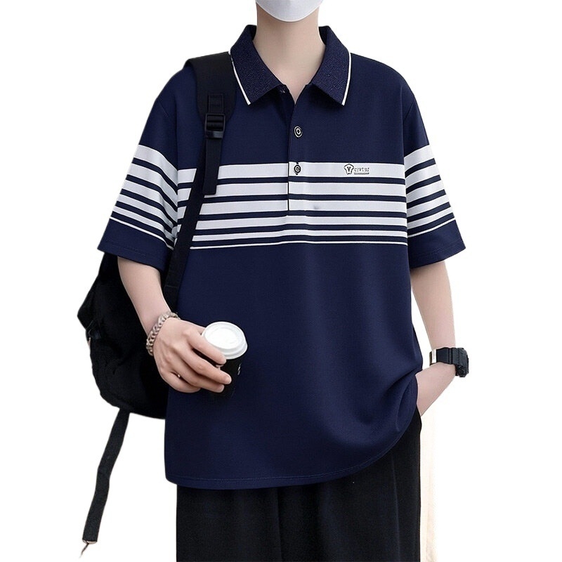 Ljetno muško polo s kratkim rukavima, opušten kroj, prugasto, casual stil, inspirirano japanskim i korejskim stilom s hongkonškim štihom