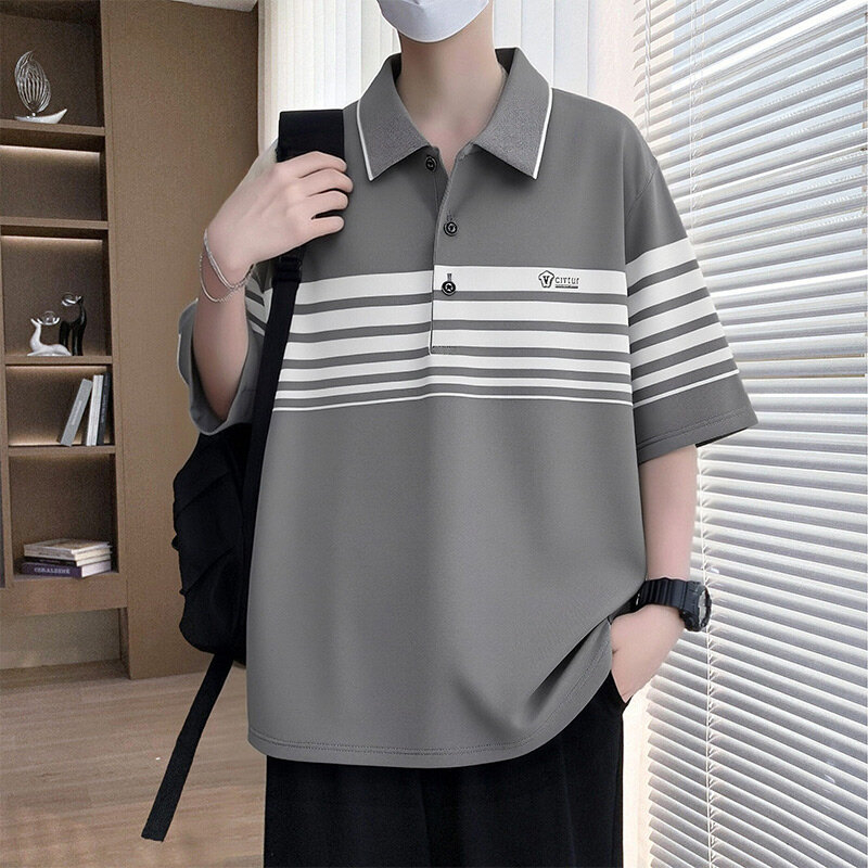 Ljetno muško polo s kratkim rukavima, opušten kroj, prugasto, casual stil, inspirirano japanskim i korejskim stilom s hongkonškim štihom