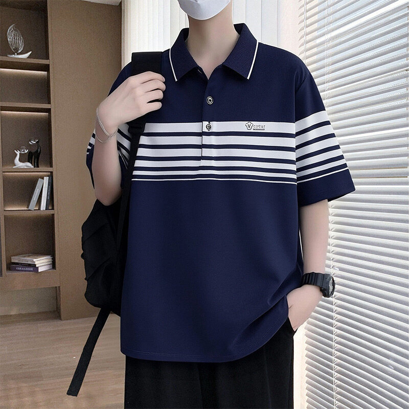 Ljetno muško polo s kratkim rukavima, opušten kroj, prugasto, casual stil, inspirirano japanskim i korejskim stilom s hongkonškim štihom
