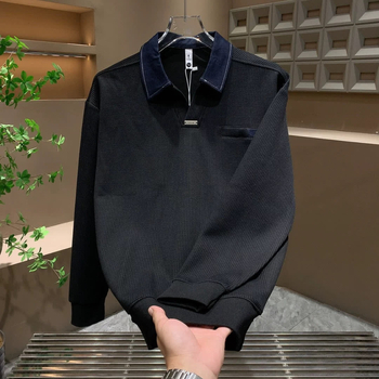 Harajuku-stílusú hosszú ujjú polo pulóver férfiaknak – látszólagos két darabos megjelenés, japán stílus, minimalist és sokoldalú