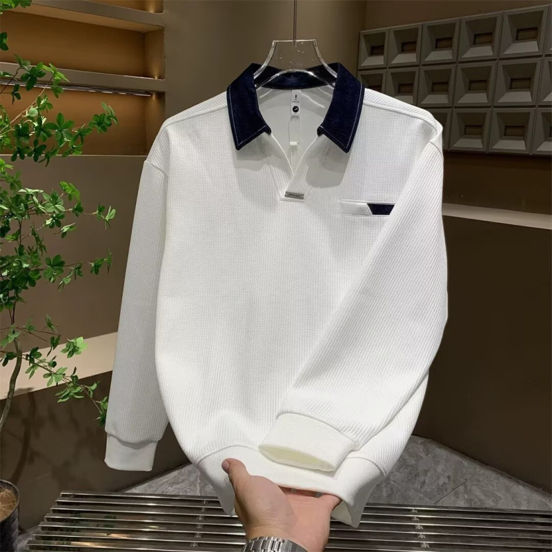 Harajuku-stílusú hosszú ujjú polo pulóver férfiaknak – látszólagos két darabos megjelenés, japán stílus, minimalist és sokoldalú