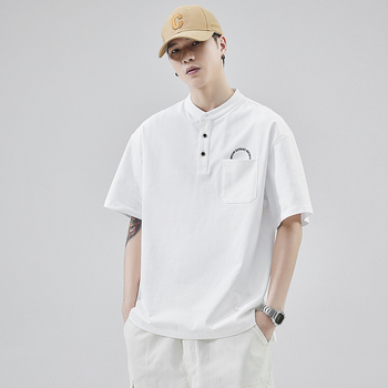 Férfi póló álló gallérral, rövid ujjú, pamut, nyári japán stílusú laza szabás, hímzés