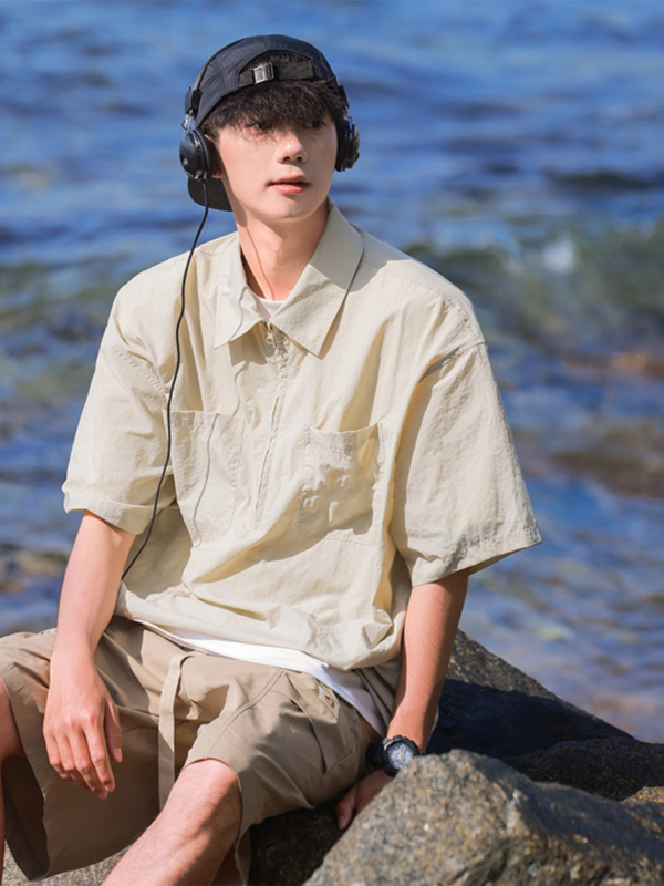 Férfi fél cipzáras rövid ujjú polo, nyár, japán stílusú munkaruha, könnyű poliészter-keverék