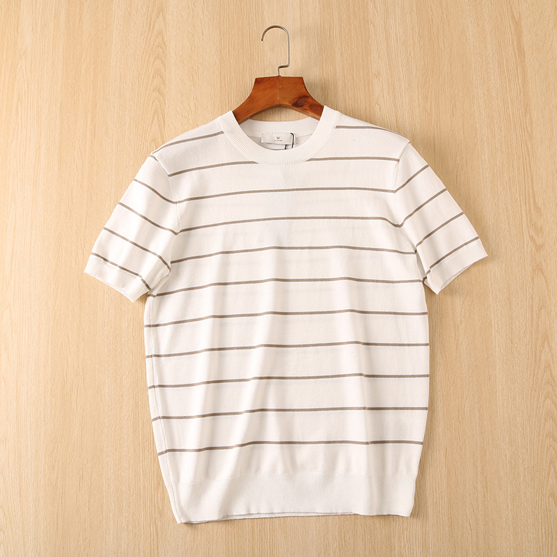 Muški T-shirt s okruglim izrezom, japanskog stila, retro ljeto, udoban svakodnevni komad, slojevita pletenina, kontrastne pruge, kratkih rukava, poslovni casual.