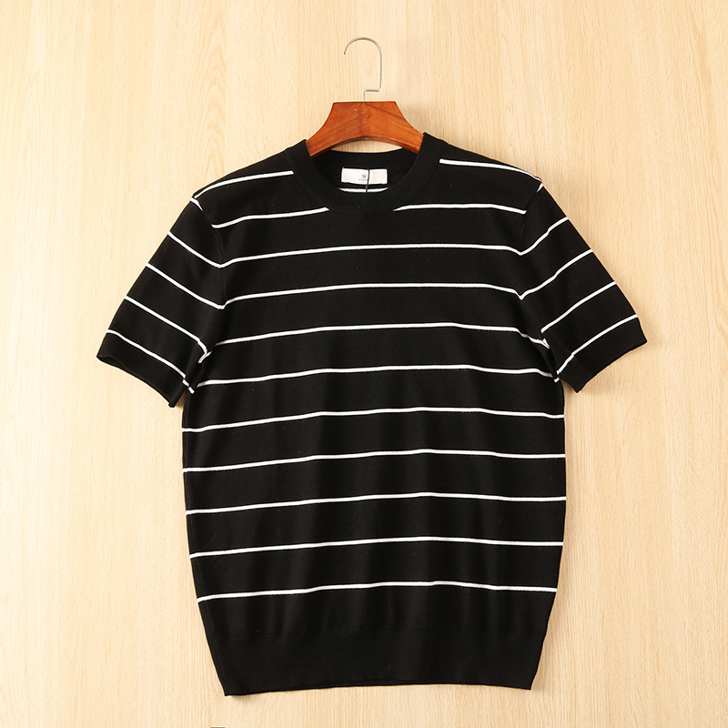 Muški T-shirt s okruglim izrezom, japanskog stila, retro ljeto, udoban svakodnevni komad, slojevita pletenina, kontrastne pruge, kratkih rukava, poslovni casual.