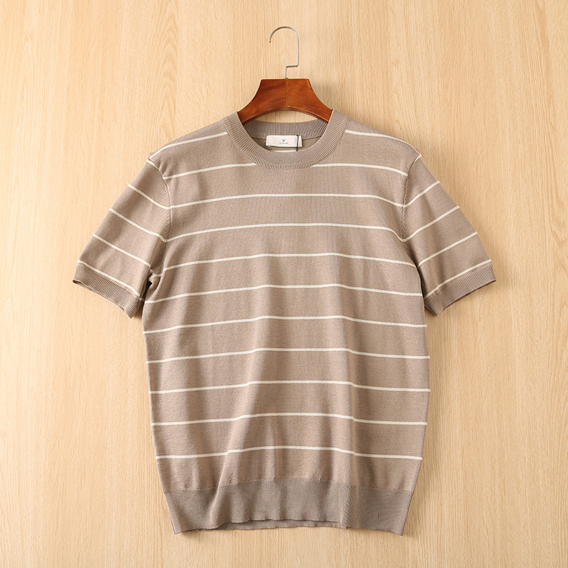 Muški T-shirt s okruglim izrezom, japanskog stila, retro ljeto, udoban svakodnevni komad, slojevita pletenina, kontrastne pruge, kratkih rukava, poslovni casual.