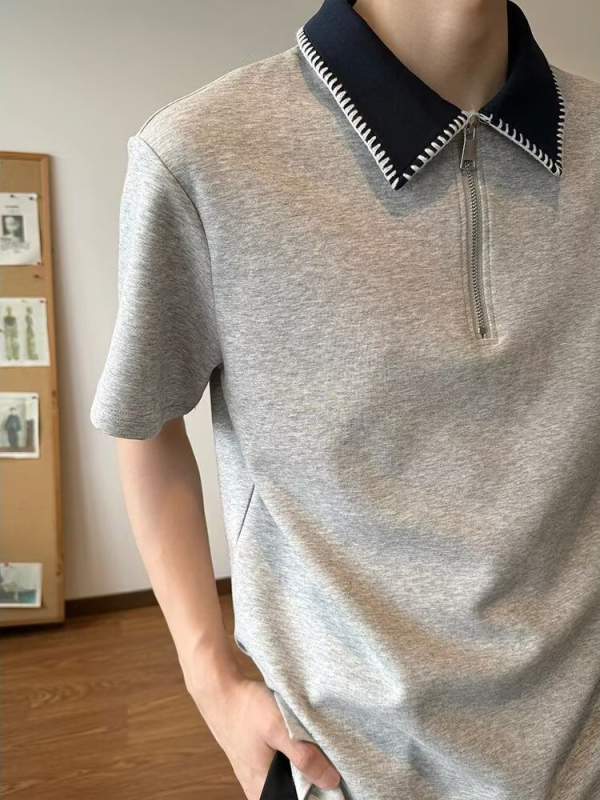 Muška polo majica s polu-zipom, kratki rukav, ljeto, retro američki stil, ovratnik s blokovima boja i panel dizajn