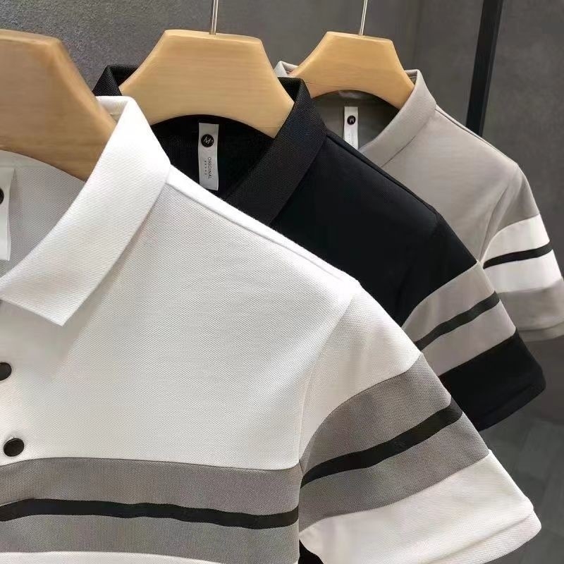 Férfi rövid ujjú polo, 2026, slim fit, csíkos minta, nyárra, japán stílus ihletett