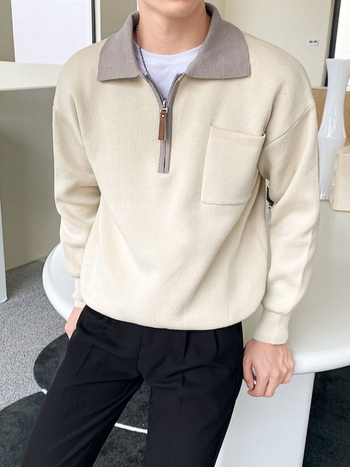 Férfi kontrasztos színű polo galléros kötött pulóver, lazított szabás, őszi-téli szezon, koreai stílusú casual felső