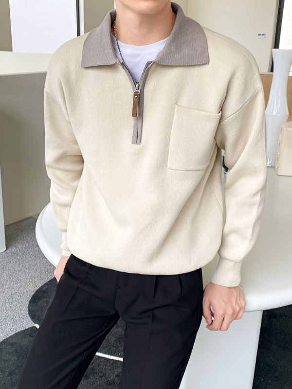 Férfi kontrasztos színű polo galléros kötött pulóver, lazított szabás, őszi-téli szezon, koreai stílusú casual felső