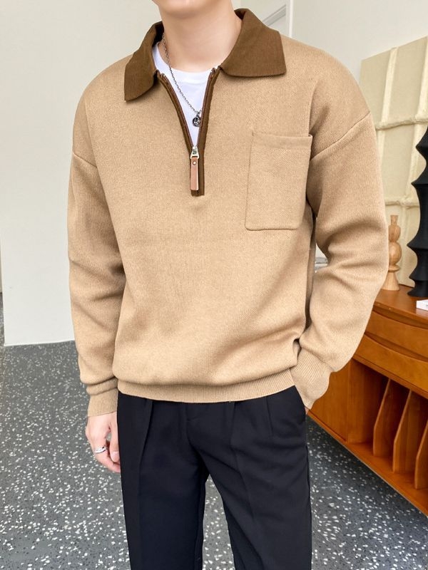 Férfi kontrasztos színű polo galléros kötött pulóver, lazított szabás, őszi-téli szezon, koreai stílusú casual felső