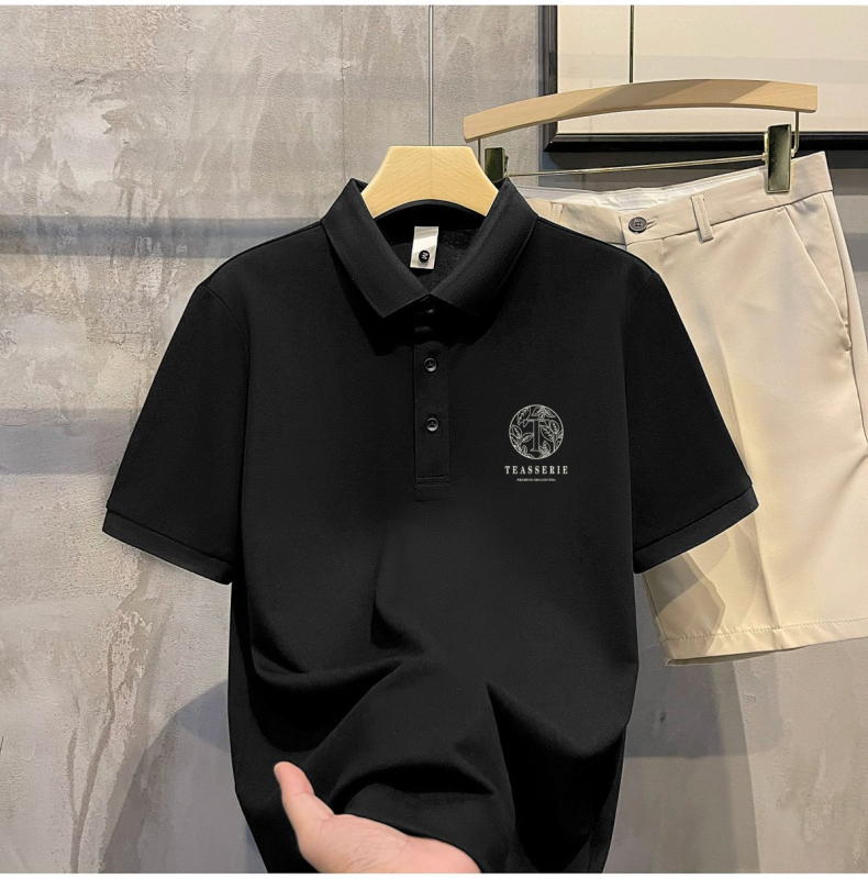 Férfi nyári galléros polo póló, amerikai stílusú retro absztrakt mintával, casual és sokoldalú