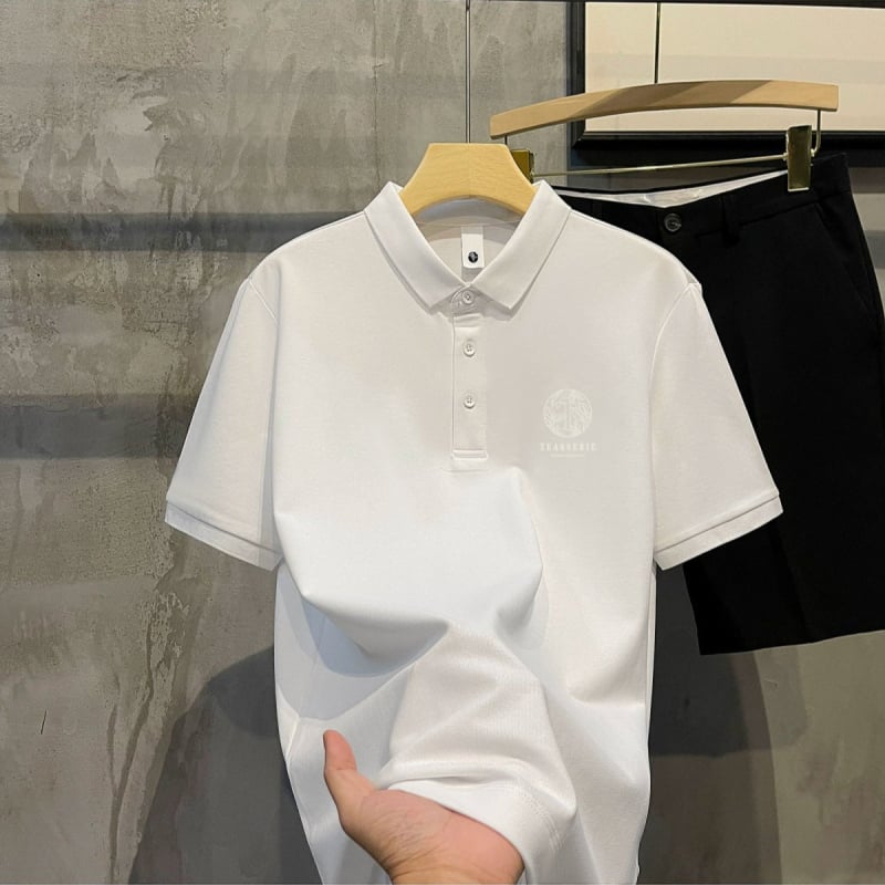 Férfi nyári galléros polo póló, amerikai stílusú retro absztrakt mintával, casual és sokoldalú