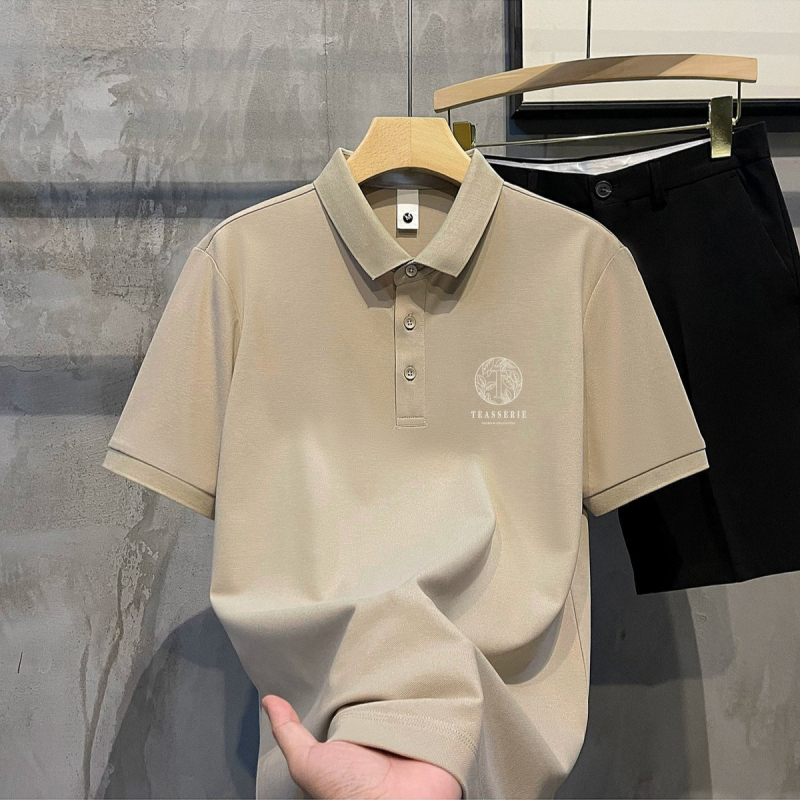 Férfi nyári galléros polo póló, amerikai stílusú retro absztrakt mintával, casual és sokoldalú