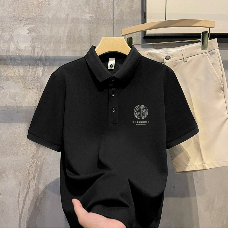 Férfi nyári galléros polo póló, amerikai stílusú retro absztrakt mintával, casual és sokoldalú