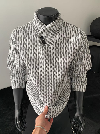 Férfi Henley galléros pulóver, csíkos herringbone mintázattal, őszi nehéz anyagú hosszú ujjú felső