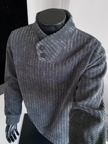 Férfi Henley galléros pulóver, csíkos herringbone mintázattal, őszi nehéz anyagú hosszú ujjú felső