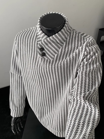 Férfi Henley galléros pulóver, csíkos herringbone mintázattal, őszi nehéz anyagú hosszú ujjú felső