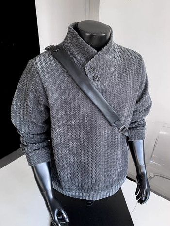 Férfi Henley galléros pulóver, csíkos herringbone mintázattal, őszi nehéz anyagú hosszú ujjú felső