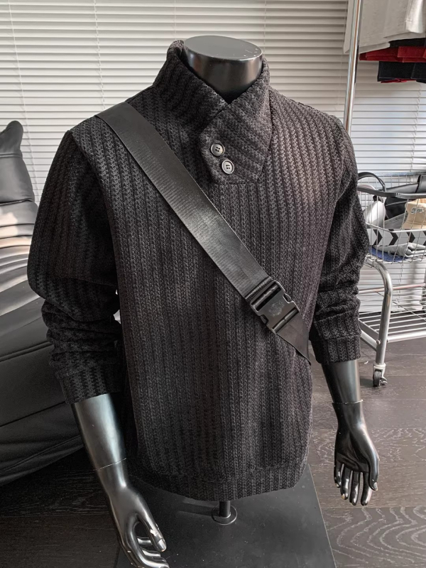 Férfi Henley galléros pulóver, csíkos herringbone mintázattal, őszi nehéz anyagú hosszú ujjú felső