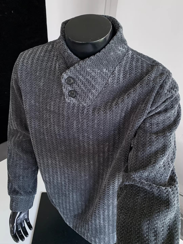 Férfi Henley galléros pulóver, csíkos herringbone mintázattal, őszi nehéz anyagú hosszú ujjú felső