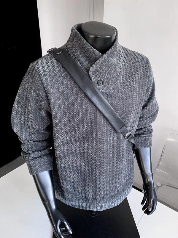 Férfi Henley galléros pulóver, csíkos herringbone mintázattal, őszi nehéz anyagú hosszú ujjú felső
