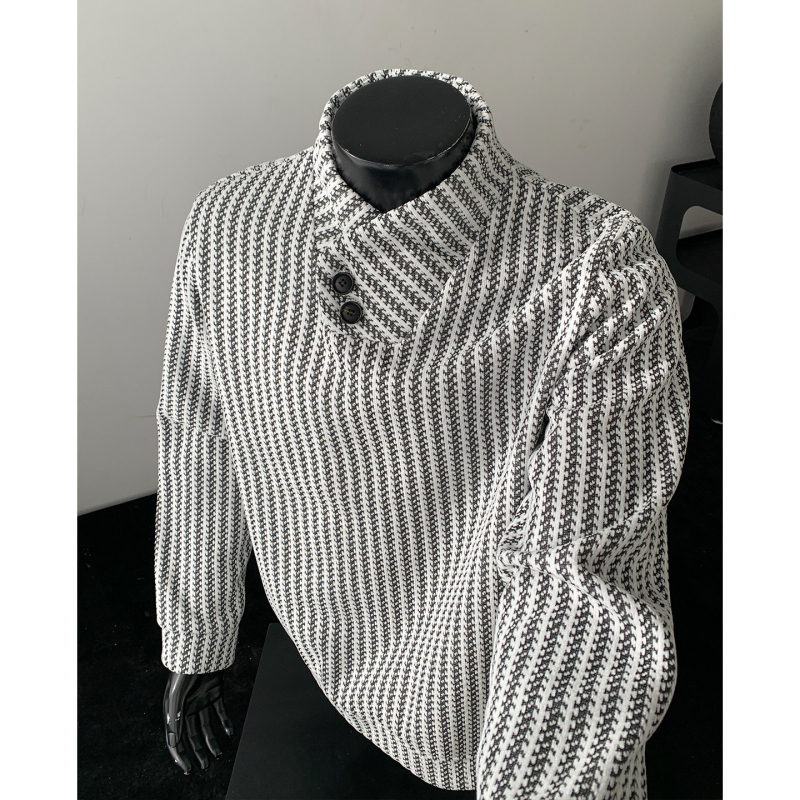 Férfi Henley galléros pulóver, csíkos herringbone mintázattal, őszi nehéz anyagú hosszú ujjú felső