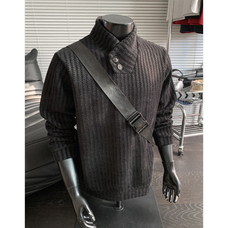 Férfi Henley galléros pulóver, csíkos herringbone mintázattal, őszi nehéz anyagú hosszú ujjú felső