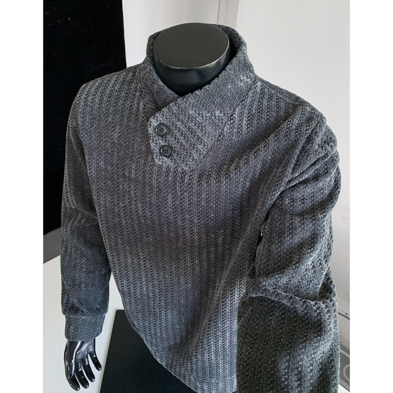 Férfi Henley galléros pulóver, csíkos herringbone mintázattal, őszi nehéz anyagú hosszú ujjú felső