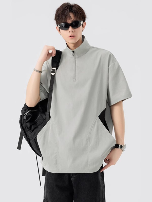Férfi nyári polo ing, rövid ujjú, gyorsan száradó ice silk anyagból, laza szabás, álló gallér fél-zip, hétköznapi munka