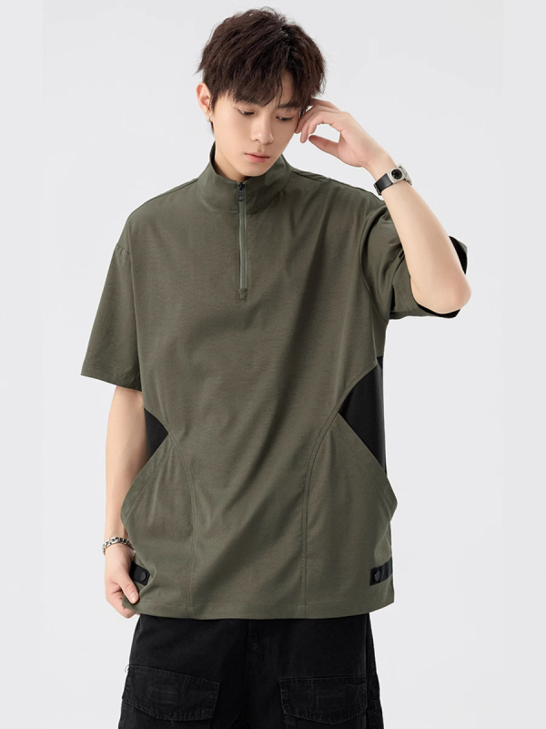 Férfi nyári polo ing, rövid ujjú, gyorsan száradó ice silk anyagból, laza szabás, álló gallér fél-zip, hétköznapi munka