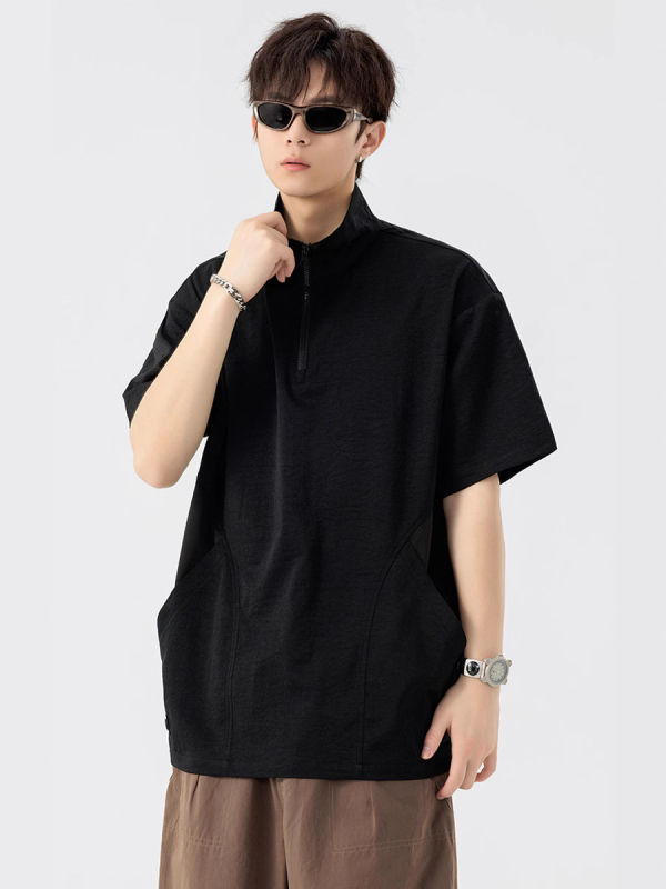 Férfi nyári polo ing, rövid ujjú, gyorsan száradó ice silk anyagból, laza szabás, álló gallér fél-zip, hétköznapi munka