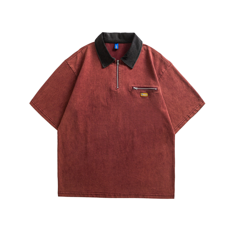 2025-ös japán stílusú retro patchwork színbalokkal polo felső fél cipzárral, rövid ujjú, férfi nyári felső