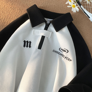 Muška waffle polo majica s kratkim rukavima, ovratnik polo, raglan rukavi, američki retro high street stil