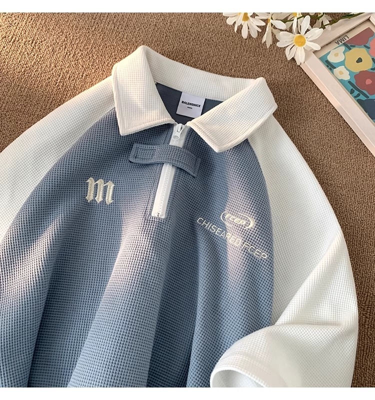 Muška waffle polo majica s kratkim rukavima, ovratnik polo, raglan rukavi, američki retro high street stil