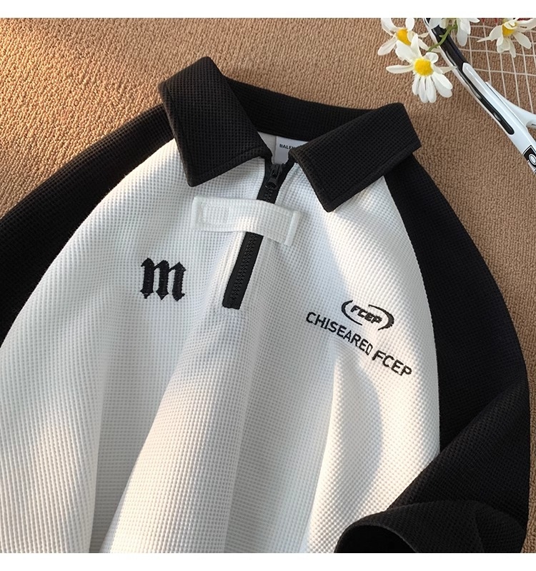 Muška waffle polo majica s kratkim rukavima, ovratnik polo, raglan rukavi, američki retro high street stil