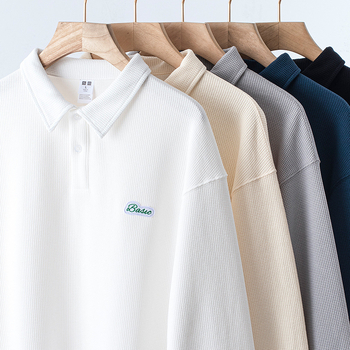 etqfire Muški polo s dugim rukavima od waffle tkanine, japanski retro stil, vezenje, mješavina pamuka
